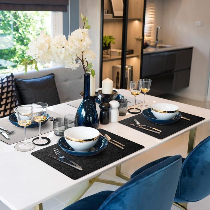 Набір скатертин 6 шт., двосторонні скатертини з підставками, термостійкі, неслизькі, водонепроникні, миючі та легко очищувані, скатертини для дому та вулиці, обідній стіл, кухня, декор Чорний / Сірий