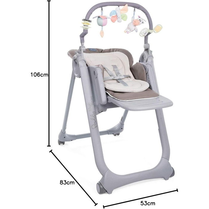 Високий стільчик Chicco Polly Magic Relax з іграшковим центром та зменшувачем для новонароджених, 8 положень по висоті, 4 колеса, Made in Italy