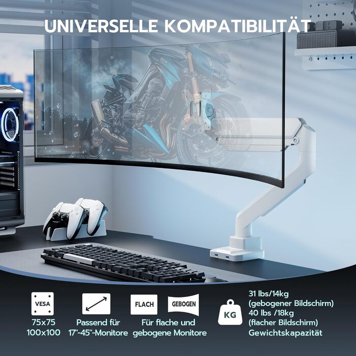 Кріплення для монітора ARES WING з USB A/C, 17'-45', регулювання висоти, білий. Підтримка VESA 100/75 мм, максимальне навантаження 18 кг