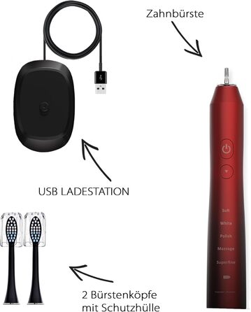 Електрична зубна щітка Tristan Auron – 55 000 вібрацій, 5 режимів, 60 днів роботи від акумулятора, компактна та тиха, 2 насадки, для бережного очищення зубів (червона)