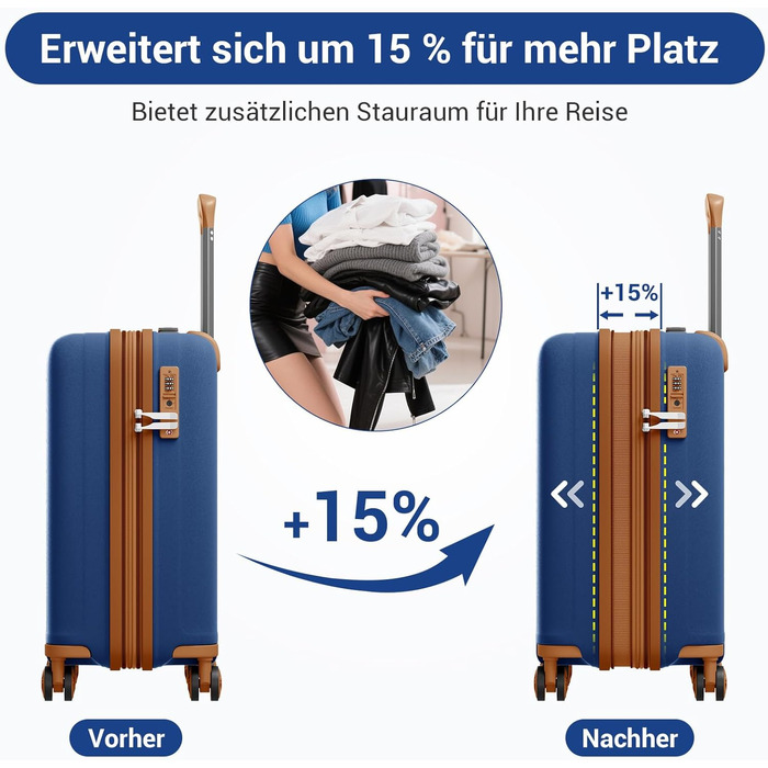 Валіза ручної поклажі KONO з тримачем для напоїв, жорсткий корпус, легкий поліпропілен, розширюваний, 4 колеса, TSA-замок (Темно-синій/Коричневий, M)