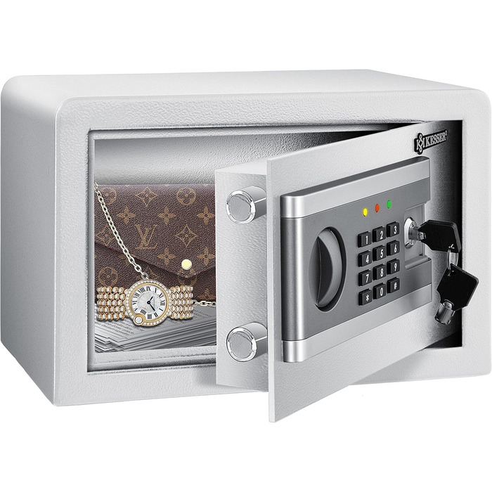KESSER® Електронний сейф | 38x30x30 см | з батарейним відсіком | 3-х болонний замок | Настінний/підлоговий сейф | Внутрішнє освітлення | Срібний