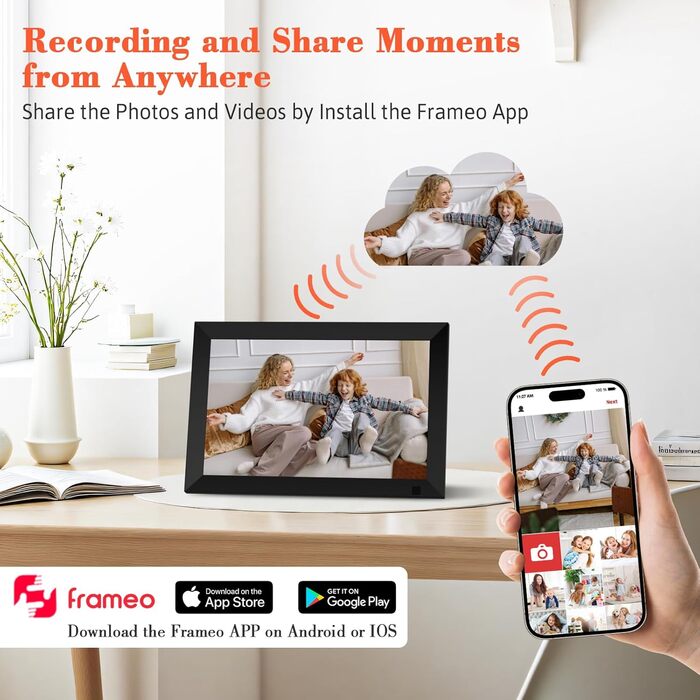 Цифровий фоторамка 10.1 дюйма з Wi-Fi, 64GB пам'яті, IPS LCD сенсорний екран 1280x800, автоповорот, аудіо, швидке завантаження фото та відео, чорний