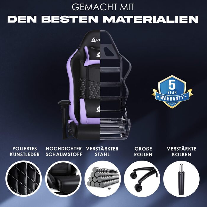 Ігровий крісло KLIM Esports з 4D підлокітниками, 170 кг, регульована спинка, ергономічний дизайн з подушками для голови та попереку, тихі колеса (фіолетовий)