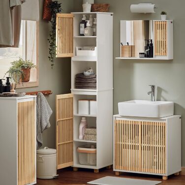 Тумбочка для ванної кімнати SoBuy, вузька, стійка до вологи, з бамбуковими дверцятами, 30 см, 33x165x33 см, BZR127-W