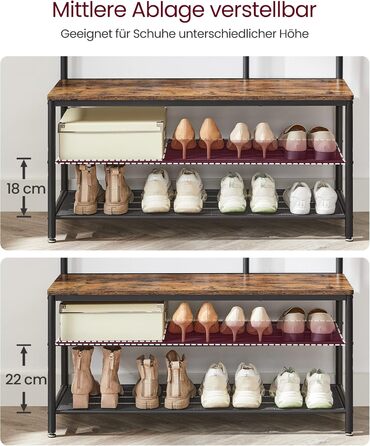 Дзеркало-вішалка VASAGLE HSR415B01 з банкеткою, полицею для взуття, гачками, 35 x 98 x 180 см, для прихожей, спальні, вітальні, індустріальний стиль, вінтажний коричневий + чорний