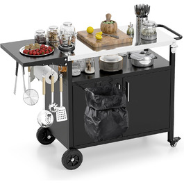 Grillwagen COSTWAY Outdoor: гриль-стіл з нержавіючою сталлю, відкидним бічним столиком, шафкою, 6 гачками та ручкою, до 100 кг, металевий столик для кемпінгу, пікніків, вечірок на відкритому повітрі, 127 x 50 x 84 см