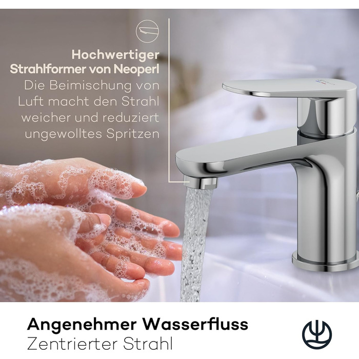 Змішувач для ванної кімнати KLUDI-X1 з витяжним зливом, висота виливу 75 мм, водозберігаючий кран, розмір S, керамічний картридж, для раковини, з підвідними шлангами, хром S