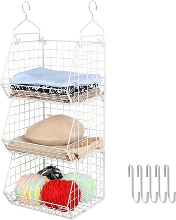 Складаний органайзер для шаф X-cosrack, 3 поверхи, полиці для одягу з 5-метровими гачками, настінне кріплення і кошик для зберігання одягу, для одягу, светрів, взуття, сумок, аксесуарів для клатчів, (білий)
