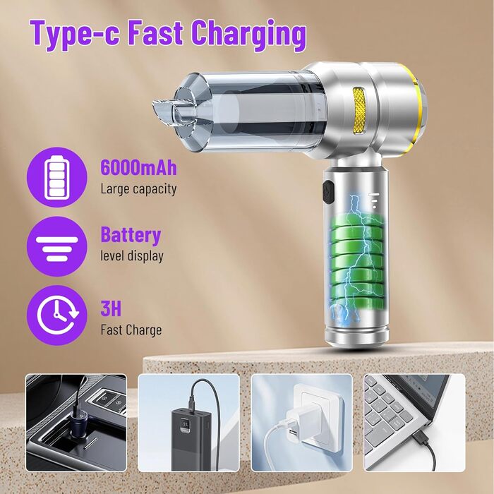 Акумуляторний ручний пилосос 4 в 1 для авто та дому, бездротовий міні-пилосос 22000Па з безщіточковим двигуном, 6000 mAh, електричний обдуватель для прибирання шерсті та пилу (Сріблясто-золотий)