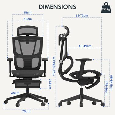 Крісло офісне FLEXISPOT ErgoX з регульованою поперековою підтримкою, 4D підлокітниками та 2D підголівником, дихаючий матеріал, висота регулюється, вантажопідйомність до 130 кг