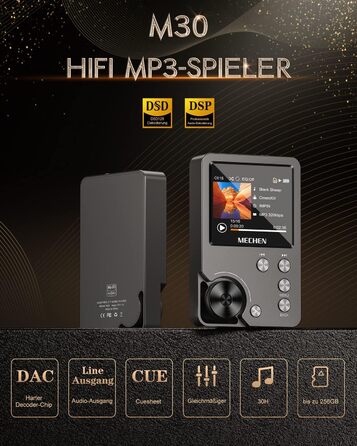 MECHEN M30 Hi-Res MP3 плеєр, HiFi DSD FLAC DAC, цифровий аудіоплеєр із підтримкою CUE, без втрати якості, портативний DAP з 64GB пам’яті, розширення до 256GB, сірий