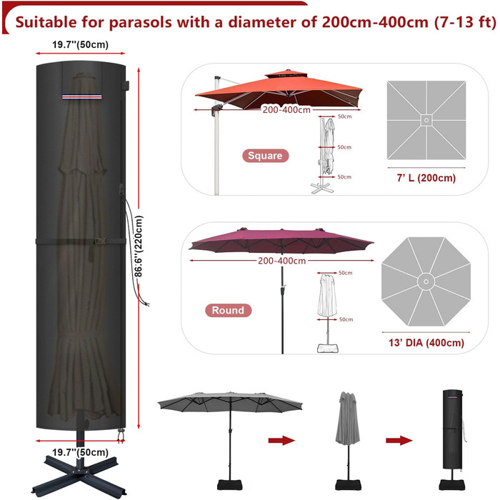 Захисний чохол для парасольки-тент LAMUNI, водонепроникний, для парасольки 3-5м, 220x50/50см