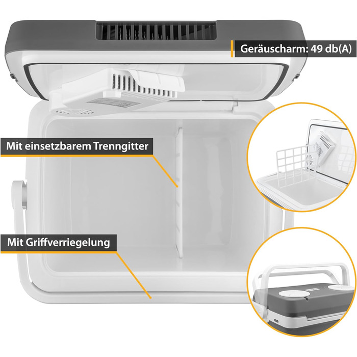 Електричний охолоджувач TZS First Austria 32 літри Підключення 12 вольт і 230 вольт з вилкою 12 В для автомобіля для кемпінгу, фестивалів і подорожей з функцією охолодження та збереження тепла чорний (32 л Сірий)