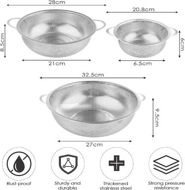 Друшляк Rseuphiee 3 шт. , кухонний друшляк з нержавіючої сталі, мікроперфорований друшляк для макаронів круглий з подвійною ручкою, зливний друшляк для спорожнення та фільтрації, дрібний друшляк для макаронів, фруктів та овочів (6,5 см/22,5 см/28см)