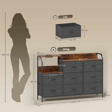 Комод з 8 висувними ящиками з тканини, сталевий каркас, станція заряджання, стиль рустик, колір коричневий+чорний