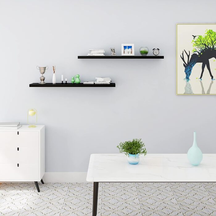 Полиця настінна WOLTU Volato набір 2 шт, плаваюча, для CD, DVD, книг, дерево, глянцева, 110x22.9x3.8 см, чорна (RG9483ws-2)