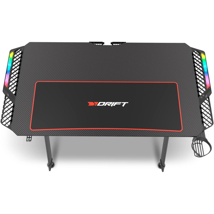 Ігровий стіл DRIFT GAMING з карбоновою поверхнею, RGB підсвічуванням, підстаканниками та тримачем для навушників, чорний (DRDZ150RGB)