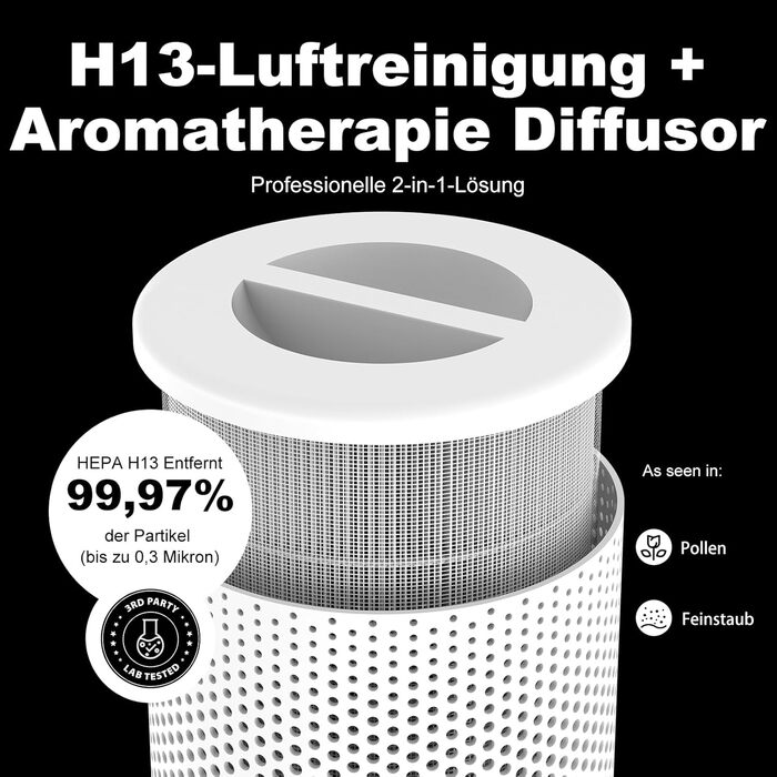 Повітряочисник для спальні KJ1-6 з HEPA H13 фільтром, активованою системою вугільного фільтра, функцією ароматерапії, 360° циркуляцією повітря, нічним світлом та тихим режимом