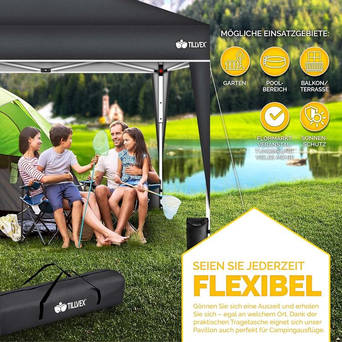Павільйон Tillvex 3x3м водовідштовхувальний з 4-ма мішками з піском | Pop-Up павільйон, стабільний та регульований по висоті | Садовий намет з UV захистом 50+ | Намет для вечірок з сумкою для саду (Антрацит) 3x3м, без стін