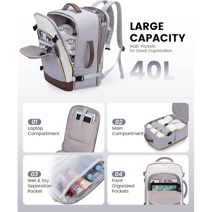 Рюкзак LOVEVOOK для ручної поклажі 40L: жіночий, для подорожей, з відділенням для ноутбука 17.3