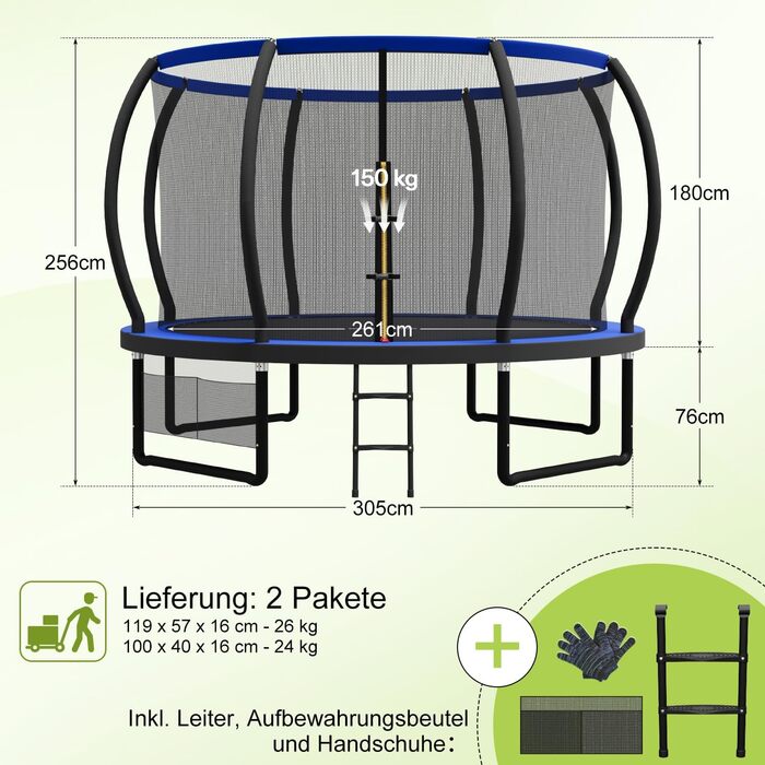 Батут садовий Devoko Ø305 см з захисною сіткою та драбиною, блакитний - для дітей та дорослих, сертифікат GS