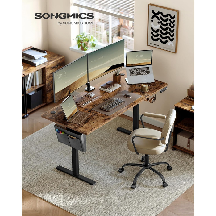 SONGMICS Стол письменний електричний, 160 x 70 см, регульована висота, 4 положення пам'яті, для офісу, вінтажний коричневий, LSD136K01
