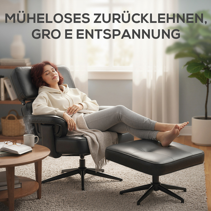 Регульоване крісло для відпочинку з відкидною підніжкою, обтягнуте штучною шкірою, з регульованою підголівником, металевим каркасом, чорного кольору.