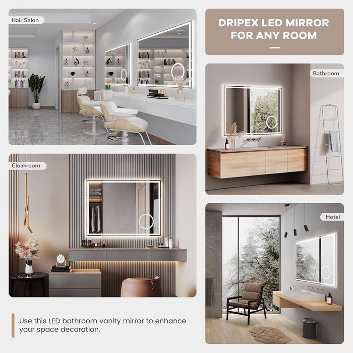 Дзеркало для ванної кімнати з LED-підсвічуванням Dripex, 50x70 см, сенсорне керування, антизапар, холодне біле світло 6400K, енергозберігаюче