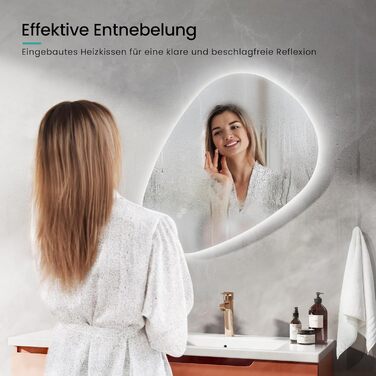 Дзеркало для ванної кімнати EMKE з підсвічуванням 80x60 см, з полицею, антизапар, регульоване холодне біле світло 6500K, сенсорне управління, функція пам'яті, асиметричне дзеркало для ванної кімнати (70L x 50B см)