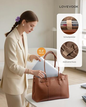 LOVEVOOK Сумка для ноутбука 15.6 дюймів, жіноча, велика, торбинка-шопер, шкіряна, водонепроникна, для роботи, навчання, офісу, універсальна, коричнева