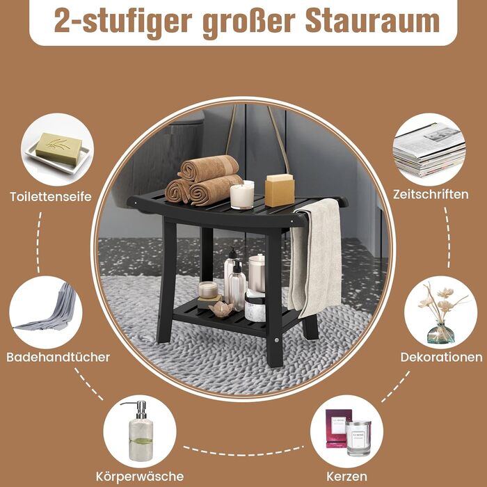 Двомісний стілець для душу Costway з полицею, 170 кг, 60,5 x 34 x 48 см (Чорний)