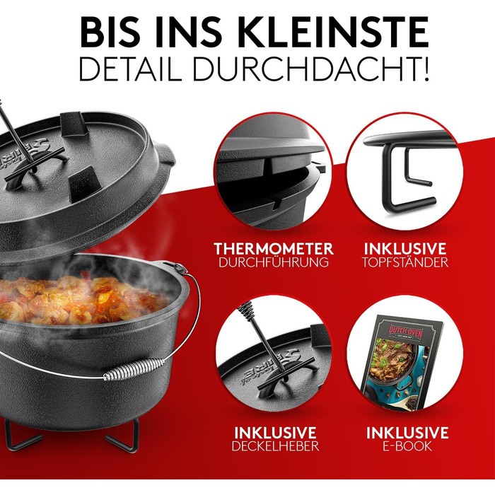 Набір чавунного казана BBQ Dutch Oven [Das Original] 10,8 л з підставкою та кришкою-гриль 2,2 л, піднімачем та електронною книгою рецептів