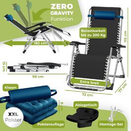 Крісло-шезлонг KESSER® для саду, розкладне, водостійке, 200 кг, широке, з регульованою спинкою, з подушкою та підстаканником (темно-синій)