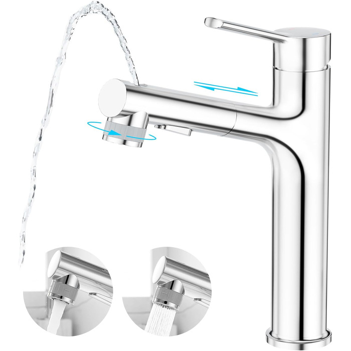 Сучасний змішувач для ванної кімнати CREA з висувною лійкою, 2 режими струменя, з міді, хром, для умивальника