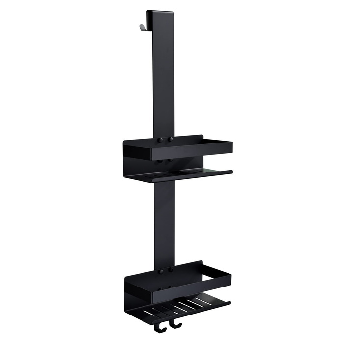 Настінна полиця для душу з 2 ярусами, чорного кольору, з нержавіючої сталі SUS304, з гачками, для скляних душових кабін