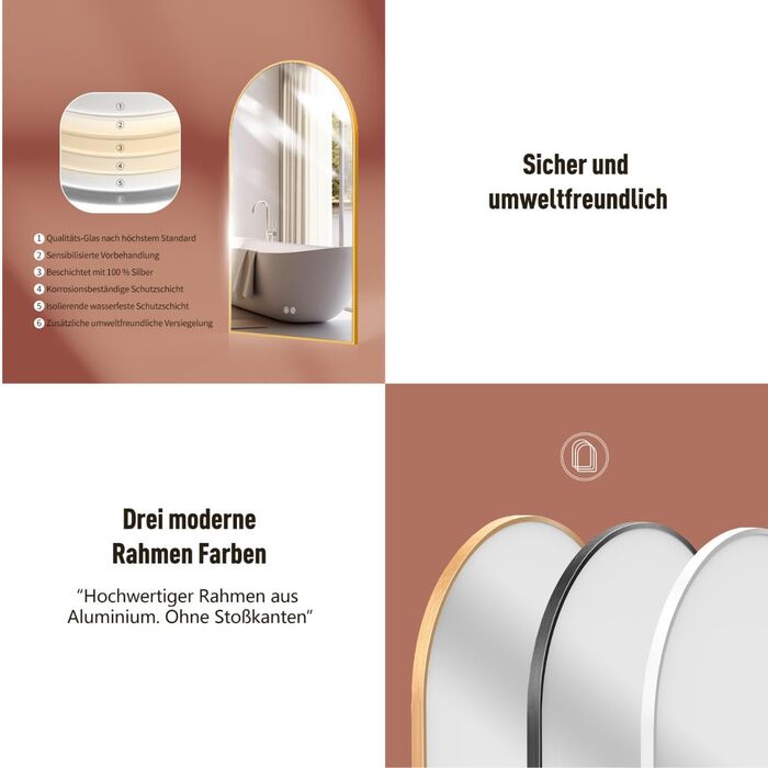 Дзеркало для ванної кімнати LED HOKO Design Turin, овальне, 45x75 см, матовий чорний, з підсвічуванням, сенсорне керування, зміна кольору світла (тепле/холодне/нейтральне), антизапарювання, монтаж HOCH+QUER