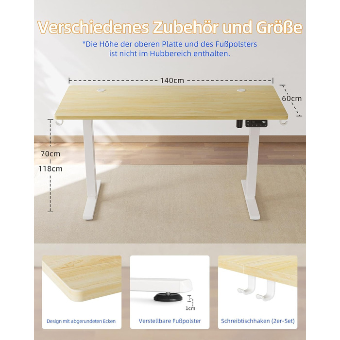 Електричний столик для роботи YIHAYO 140x60 см з регулюванням висоти та функцією пам'яті, білий