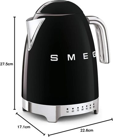 Електричний чайник Smeg KLF04BLEU 1.7L з регулюванням температури, фільтр від накипу, індикатор рівня води, 2400W, чорний