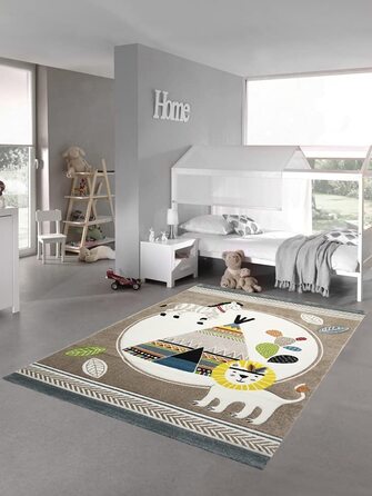 Килим-мрія для дитячої кімнати, килимок для ігор, намет для індіанців, лев, зебра, кактус, розмір (200 х 290 см, бежево-синій, кремово-коричневий)
