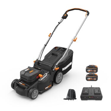 WORX WG737E акумуляторний газонокосарка Nitro 40V (2x20V) - безщітковий двигун, ширина зрізу 37 см, 6 рівнів висоти зрізу (20-70 мм), 40л травозбірник, 2x4Ah акумулятори та подвійний зарядний пристрій, без приводного колеса
