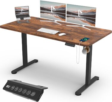 Ергономічний стіл для роботи стоячи з USB, регульований, 140x60 см, коричневий, для дому та офісу
