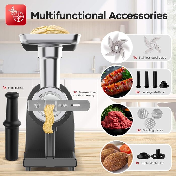 Електрична м'ясоподрібнювач TurboTronic Samurai 2600W з набором аксесуарів: для ковбас, печива, кеббе та подрібнення овочів. Корпус з нержавіючої сталі, металеве редукторне зчеплення.