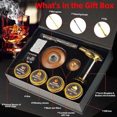 Комплект для копчення віскі з ліхтариком: подарунок для чоловіків, набір для копчення коктейлів з факелом та дерев'яною тріскою для віскі та бурбону, ретро набір для копчення, подарунок на день народження