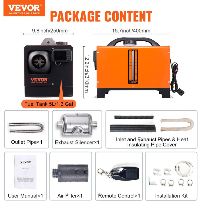 Автономний дизельний опалювач VEVOR 12V 5kW з LCD-дисплеєм, пультом дистанційного керування та Bluetooth, 0.16-0.52 л/год, помаранчевий