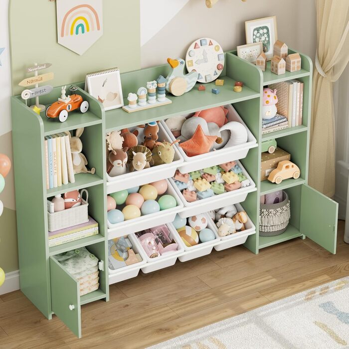 FOREHILL Регульована полиця для іграшок з 8 ящиками, дитячий шафка, книжкова полиця для дітей, меблі для дитячої кімнати з ящиком для іграшок, 138,8 x 94,3 x 29,6 см, білий (зелений)