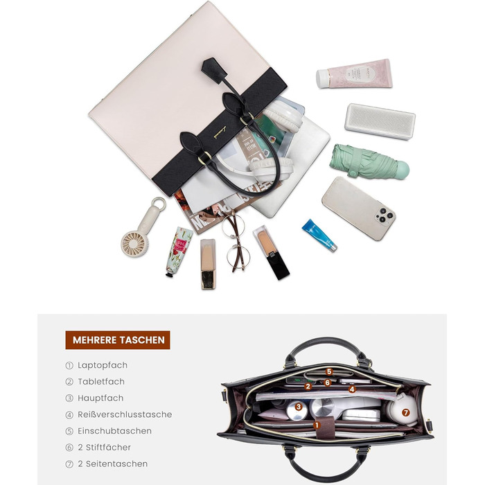 Сумка для ноутбука LOVEVOOK 15.6 дюймів, велика робоча сумка, водонепроникна сумка з PU шкіри, сумка-шоппер, акцентна сумка, сумка для навчання, сумка через плече для бізнесу, роботи, університету, школи (Бежево-чорна, M)