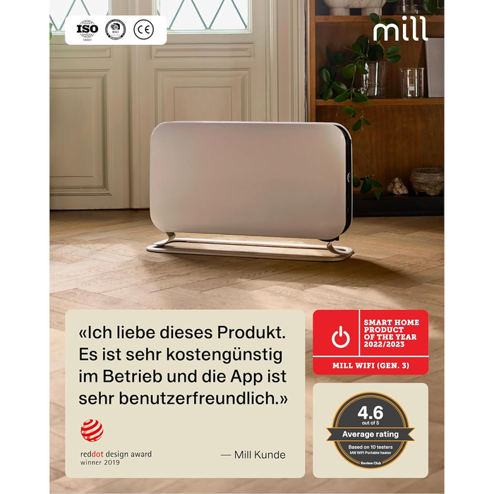 Електричний конвекторний обігрівач Mill 1200W, 14-18 м², WiFi, енергозберігаючий, білий