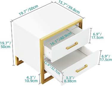 Тумбочка YITAHOME біла, 2 ящика з металевими ручками і рейлінгами, 50x40x50см