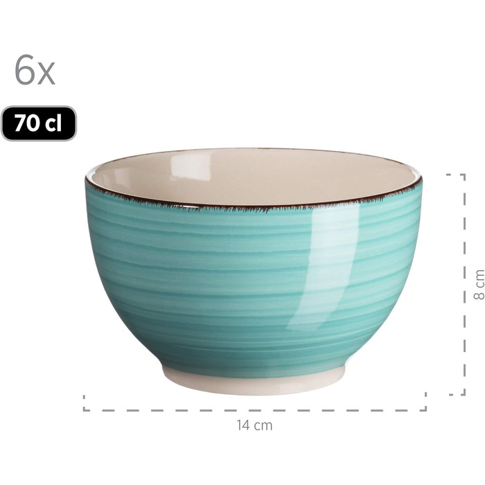 MÄSER Bel Tempo II Набір посуду для сніданку на 6 осіб, вінтажний стиль, ручне розписування, 18 предметів, кераміка, бірюзовий, Steingut Türkis/Ausflug, однотонний (Getaway Solids)